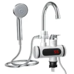 Robinet electric cu duș și furtun, încălzire instantanee, putere 3KW, debit 1.5L/min, cu afișaj LCD al temperaturii. Montaj ușor pe cadă sau chiuvetă, culoare albă